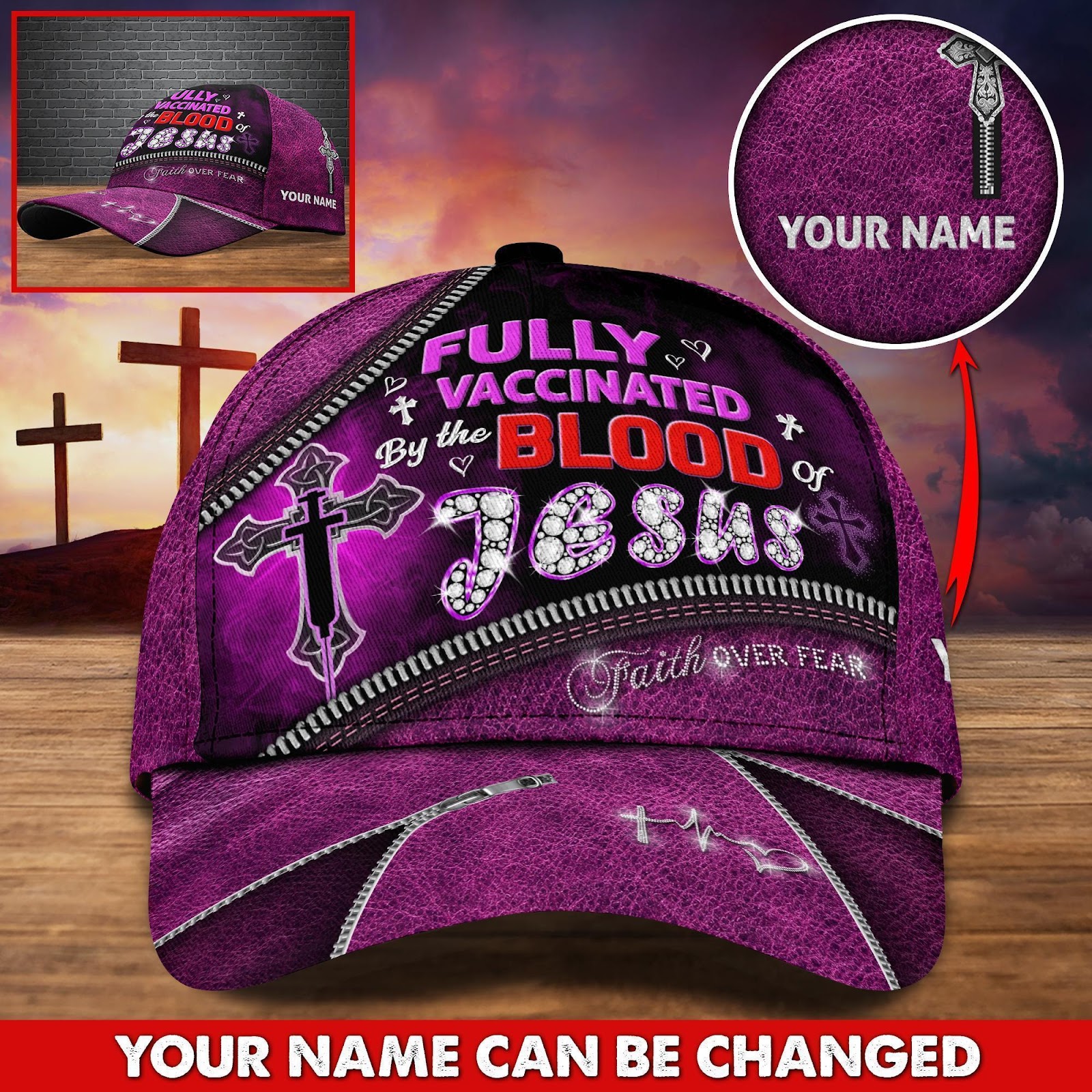 Personalized name Fully Vaccinated By The Blood Of Jesus, Faith Hope Love, Jesus Cap QFTD150301