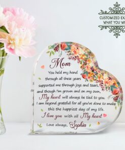 Personalized text and flowers mom gift heart shape acrylic plaque, custom mother's day gifts from daughter, gift for mom, birthday gifts UKTO060301