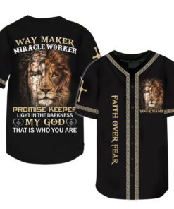 Personalized Name Jesus and Lion Way Maker Micracle Worker Promise Keeper Light In The Darkness My God That Is Who You Are, Jesus Baseball Jersey UKHA3050402
