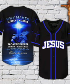 Way Maker Miracle Worker Jesus Blue Lion Baseball Jersey QFYY3060401