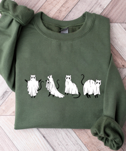 Cat Halloween Sweatshirt, Ghost Halloween Shirt, Ghost Cat Shirt, Fall Sweatshirt for Women QFTZ3110804