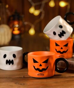 Halloween Pumpkin Mug Set with Spoon Cartoon Cute Coffee Juice Milk Mugs Creative Ceramic Halloween Cup Gift Set with Box QFYY3240802