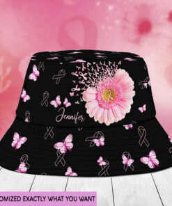 Customized Name Breast Cancer Awareness Pink Ribbon Daisy Flower Black Pattern Gift For Warrior Bucket Hat QFTD3300801