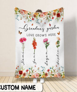 Personalized Birth Month Flowers Grandma's Garden Fleece Blanket, Floral Blanket With Grandkids Names For Grandma, Nana Christmas Gift UKUU3210803