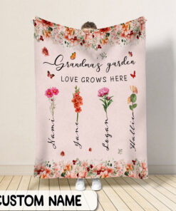 Personalized Birth Month Flowers Grandma's Garden Fleece Blanket, Floral Blanket With Grandkids Names For Grandma, Nana Christmas Gift UKUU3210801