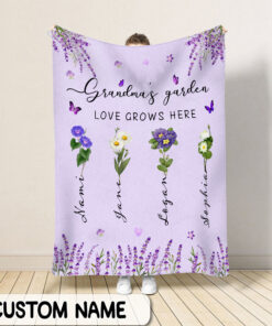 Personalized Birth Month Flowers Grandma's Garden Fleece Blanket, Floral Blanket With Grandkids Names For Grandma, Nana Christmas Gift UKUU3210802