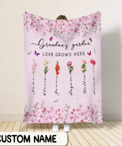 Personalized Birth Month Flowers Grandma's Garden Fleece Blanket, Floral Blanket With Grandkids Names For Grandma, Nana Christmas Gift UKUU3190801