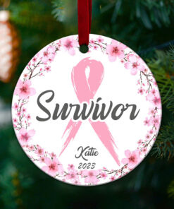 Personalized Name Breast Cancer Ceramic Ornament, Breast Cancer Survivor Ornament, Pink Ribbon Ornament QFHA3280902