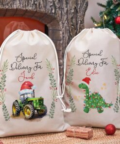 Personalized Name Dinosaur, Tractor Christmas Sack For Kids, Custom Santa Gift Bag, Christmas Eve Bag HXDM3271001