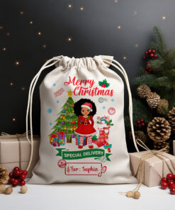 Personalized Christmas Santa Sack For Kids, Custom Christmas Gifts Bags For African American Kids, Black Kids Gifts, Christmas Present Sack QFUU3181001