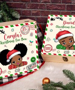 Personalised Christmas Eve Box For Children, Custom Wooden Gift Box For Black Kids, African American Kids Portrait Gifts, Traditional Gifts UKYY3231001