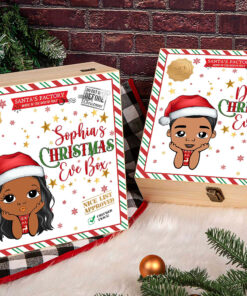 Personalised Christmas Eve Box For Children, Custom Wooden Gift Box For Black Kids, African American Kids Portrait Gifts, Traditional Gifts QFTO3191001