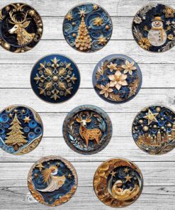 Set of 10 Navy and Gold 3 Dimensional Christmas Ornaments, Xmas Ornament Window Decor, Christmas Gifts UKYY3081102