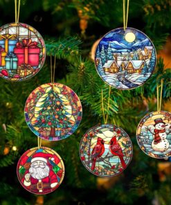 Set 6 Christmas Faux Stained Glass Ornaments, Xmas Ornament Decor, Window Decor, Christmas Acrylic Ornament QFDM3011102