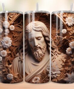 3D Christian God Carved Wood Jesus Flower Skinny Tumbler UKTD3141101