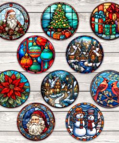 Set Of 10 Christmas Faux Stained Glass Ornaments, Xmas Ornament Window Decor, Faith Christmas Ornament QFTO3081102