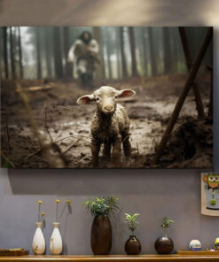 Jesus Running After a Lost Lamb, Jesus Lamb of God, Wall Art Canvas UKUU4290103
