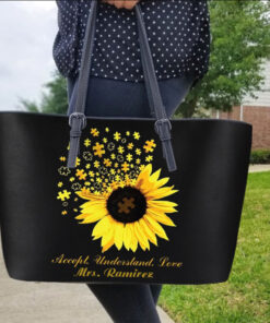 Custom Name Autism Gifts Accept Understand Love Autism Awareness Leather Tote Bag UKUU4150302