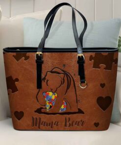 Mama Bear Autism Mom Gifts Autism Awareness Leather Tote Bag UKUU4140307