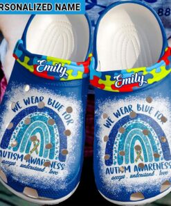 Custom Name Autism Awareness We Wear Blue Clogs UKTO4260302