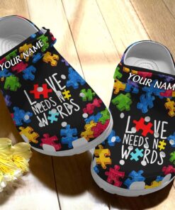 Custom Name Love Needs No Word Autism Awareness Clogs UKUU4060304