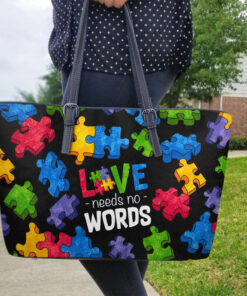 Love Needs No Word Autism Awareness Leather Tote Bag UKUU4150303