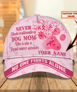 Personalized Never Underestimate A Dog Mom Who Is Also A Breast Cancer Warrior 3D All Over Printed Cap, Breast Cancer Awareness Cap NPHA4250302