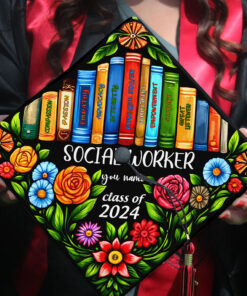 Custom Name Books and Flowers Printed Social Worker Graduation Cap Topper, Graduation Gift HGUU4120407