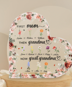 Personalized First Mom, Then Grandma, Now Great Grandma Heart Acrylic Plaque, Birth Month Flowers Gifts For Mom, Gifts For Grandma, Gifts for Great Grandma, Mother's Day Gifts, Nana Gifts QTND4040301