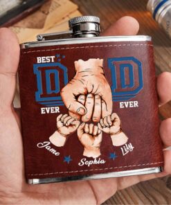 Personalized Best Dad Ever Leather Flask, Custom Kids Names Leather Flask For Him, Father's Day Gift For Dad, Daddy, Papa, Leather Hip Flask QFHM4240502