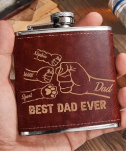 Personalized Best Dad Ever Leather Flask, Custom Kids Names Leather Flask For Him, Father's Day Gift For Dad, Daddy, Papa, Leather Hip Flask QFHM4240503