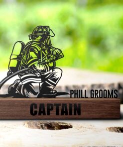 Custom Firefighter Desk Name Plate Metal With Wooden Base, Personalized Fireman Nameplate Office Sign, Fire Department Plaque Decor QFTD4170604