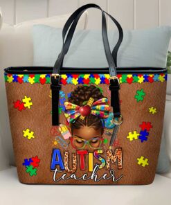 Afro Messy Bun Autism Teacher Leather Tote Bag QFTO4010701