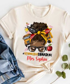Personalized Name Afro Messy Bun School Bus Driver Shirt, Afro School Bus Driver Life Shirt QFUU4010704
