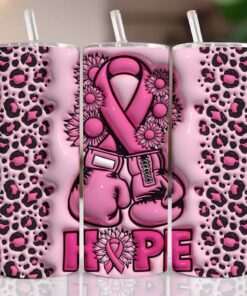 Breast Cancer With Boxing Gloves Printed 3D Inflated Skinny Tumbler, Breast Cancer Awareness Pink Tumbler, Fight For A Cure, Pink Leopard Tumbler QFNT4190602