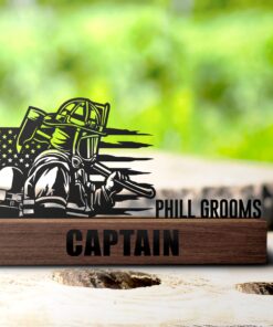 Custom Firefighter Desk Name Plate Metal With Wooden Base, Personalized Fireman Nameplate Office Sign, Fire Department Plaque Decor QFTD4170605