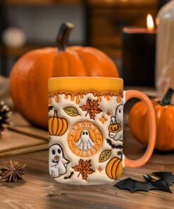 Pumpkin Coffee Cup With Ghost, 3D Halloween Coffee Mug, Halloween Ceramic Coffee Mug, Trick Or Treat Halloween Tumbler Cup, Halloween Inflated 3D Mug QFHM4230703