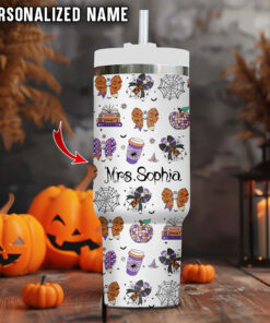 Personalized Teacher Halloween Pencil 40 Oz Tumbler, Halloween Coquette Bow Tumbler, Halloween Tumbler, Spooky Teacher Tumbler, Coquette Pencil Gift, Trendy Halloween Gift QFHA4250701