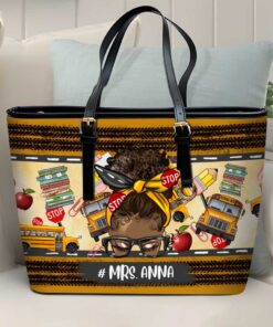 Personalized Name Afro Messy Bun School Bus Driver Leather Tote Bag QFTD4060701