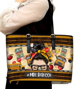 Personalized Name Messy Bun School Bus Driver Leather Tote Bag QFTD4060702