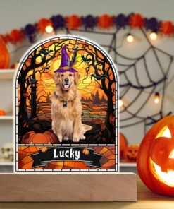 Custom Halloween Pet 3D Lamp With Wooden Base ,Halloween Gift Idea QFLT4300703