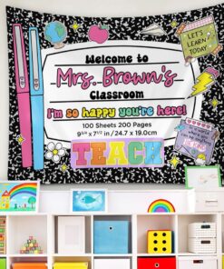 Personalized Classroom Decor, Composition Notebook Classroom Banner, Custom Teacher Name Classroom Tapestry, Retro Groovy Classroom Decor QFND4310711
