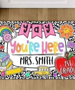 Personalized Teacher Classroom Doormat, Composition Notebook Classroom Decor, Teacher Gift, Back To School, Groovy Doormat, Yay You're Here QFNT4250701