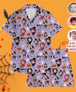 Custom Face Family Halloween Satin Pajamas Set, Halloween Pajamas, Halloween Doodles Pajamas, Matching Pajamas, Couples, Pyjamas, Kids Pajamas QFHM4200804