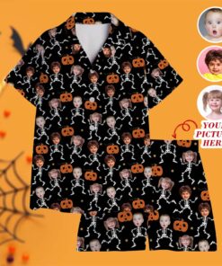 Custom Face Family Halloween Satin Pajamas Set, Halloween Pajamas, Halloween Doodles Pajamas, Matching Pajamas, Couples, Pyjamas, Kids Pajamas QFHM4190804