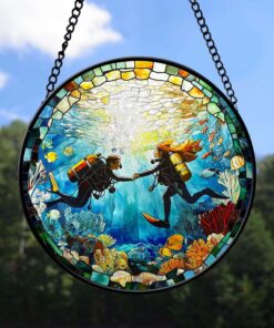 Stained Glass Scuba Diving Suncatcher, Couple Ocean Exploration, Gift For Girl, Gift For Him PMHM4290810