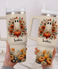 Personalized Ghost In Flowers 40 Oz Tumbler, Halloween Ghost Tumbler, Spooky Ghost Gift, Halloween Gift NPTN0308241