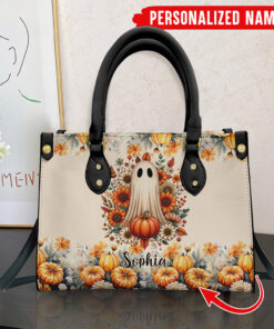 Personalized Floral Ghost Leather Handbag, Ghost In Flowers Handbag, Spooky Ghost Gift, Halloween Gift, Spooky Season Gift NPTN0308242