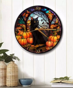 Stained Glass Black Cat Halloween Wall Clock, Spooky Season Gift, Halloween Decoration NPTN0308243