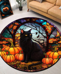 Stained Glass Black Cat Halloween Rug, Spooky Rug, Halloween Decoration, Halloween Gift, Spooky Season Gift NPTN0308244